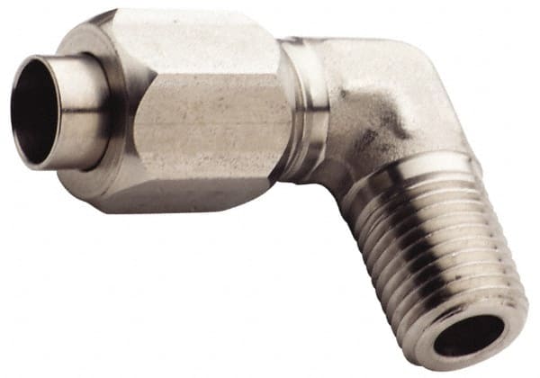 Made in USA - 3/8" Tube OD, 37° Stainless Steel Flared Tube Male Elbow - 1/4-18 NPTF, Flare x MNPTF Ends - Exact Tooling