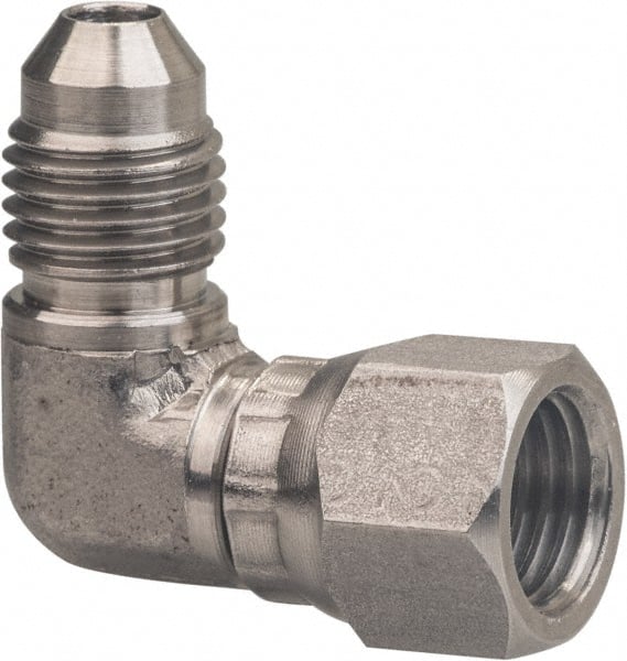 Made in USA - 1" Tube OD, 37° Stainless Steel Flared Tube Female Elbow - 1-5/16-12 UNF, Flared to Female JIC Swivel , 90° Ends - Exact Tooling