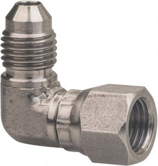 Made in USA - 2" Tube OD, 37° Stainless Steel Flared Tube Female Elbow - 2-1/2-12 UNF, Flared to Female JIC Swivel , 90° Ends - Exact Tooling