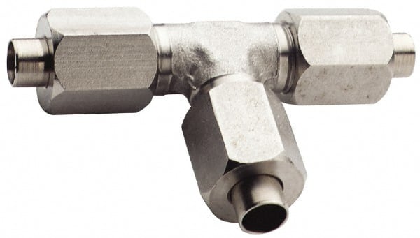 Made in USA - 3/4" Tube OD, 37° Stainless Steel Flared Tube Union Tee - 1-1/16-12 UNF, Flare x Flare x Flare Ends - Exact Tooling