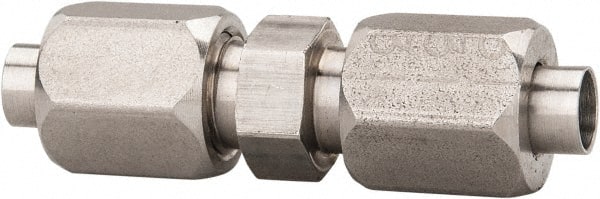 Made in USA - 1/2" Tube OD, 37° Stainless Steel Flared Tube Union - 7/16-20 UNF, Flare x Flare Ends - Exact Tooling