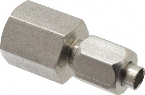 Made in USA - 1/4" Tube OD, 37° Stainless Steel Flared Tube Female Connector - 1/4-18 NPTF, Flare x FNPT Ends - Exact Tooling