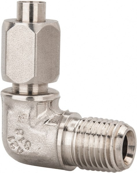 Made in USA - 1/4" Tube OD, 37° Stainless Steel Flared Tube Male Elbow - 1/4-18 NPTF, Flare x MNPTF Ends - Exact Tooling