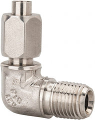 Made in USA - 1/4" Tube OD, 37° Stainless Steel Flared Tube Male Elbow - 1/4-18 NPTF, Flare x MNPTF Ends - Exact Tooling