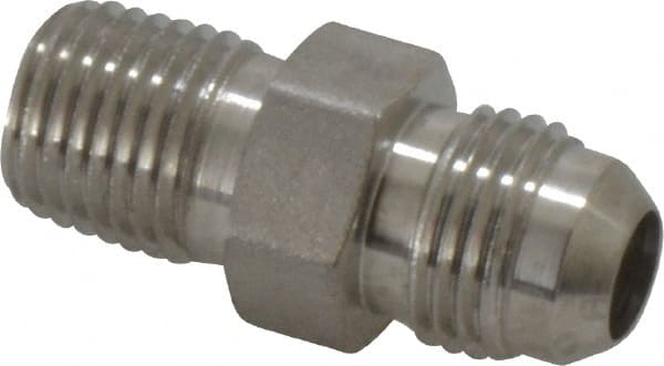 Made in USA - 3/8" Tube OD, 37° Stainless Steel Flared Tube Male Connector - 1/4-18 NPTF, Flare x MNPTF Ends - Exact Tooling