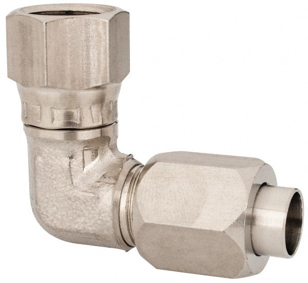 Made in USA - 3/8" Tube OD, 37° Stainless Steel Flared Tube Male Elbow - 9/16-18 UNF, Flared to Female JIC Swivel, 90° Ends - Exact Tooling