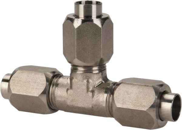 Made in USA - 3/8" Tube OD, 37° Stainless Steel Flared Tube Union Tee - 9/16-18 UNF, Flare x Flare x Flare Ends - Exact Tooling