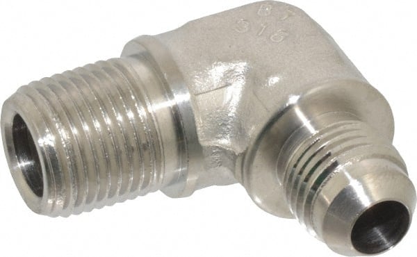 Made in USA - 3/8" Tube OD, 37° Stainless Steel Flared Tube Male Elbow - 3/8-18 NPTF, Flare x MNPTF Ends - Exact Tooling
