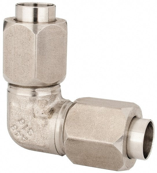 Made in USA - 1/2" Tube OD, 37° Stainless Steel Flared Tube Union Elbow - 3/4-16 UNF, Flare x Flare Ends - Exact Tooling