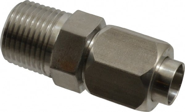 Made in USA - 1/2" Tube OD, 37° Stainless Steel Flared Tube Male Connector - 1/2-14 NPTF, Flare x MNPTF Ends - Exact Tooling