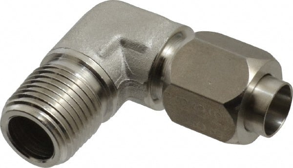 Made in USA - 1/2" Tube OD, 37° Stainless Steel Flared Tube Male Elbow - 1/2-14 NPTF, Flare x MNPTF Ends - Exact Tooling