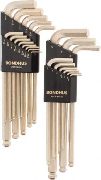 Bondhus - 22 Piece L-Key Ball End Hex Key Set - Hex Range 0.05 to 3/8", Steel - Exact Tooling