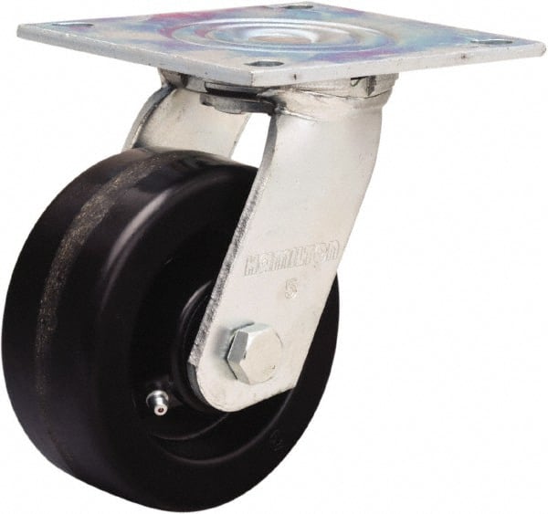 Hamilton - 5" Diam x 2" Wide x 6-1/2" OAH Top Plate Mount Swivel Caster - Phenolic, 900 Lb Capacity, Straight Roller Bearing, 5 x 5-1/2" Plate - Exact Tooling