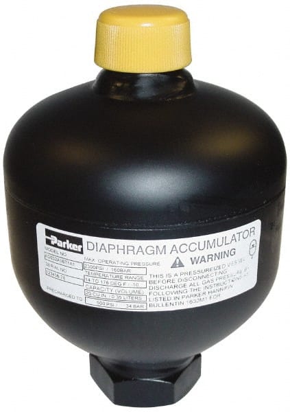 Parker - 5 Lb. Capacity, 3,620 psi Max Working Pressure, 4.35" High, Hydrin Diaphragm Accumulator - 2.52" Diam, 6 SAE Port Thread - Exact Tooling