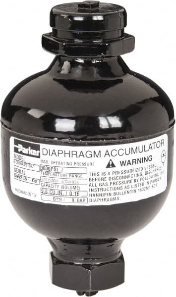 Parker - 10 Lb. Capacity, 3,620 psi Max Working Pressure, 4.69" High, Hydrin Diaphragm Accumulator - 2.95" Diam, 6 SAE Port Thread - Exact Tooling