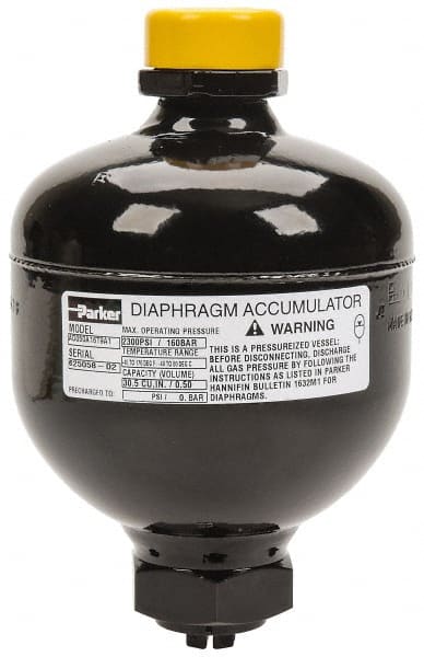 Parker - 30 Lb. Capacity, 3,045 psi Max Working Pressure, 5.94" High, Hydrin Diaphragm Accumulator - 4.2" Diam, 8 SAE Port Thread - Exact Tooling