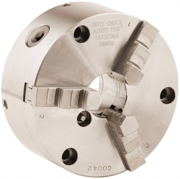 Buck Chuck Company - 3 Jaws, 12" Diam, Self Centering Manual Lathe Chuck - Front Mount, Adjustable, 2,300 Max RPM, 4.14" Through Hole Diam, Forged Steel - Exact Tooling