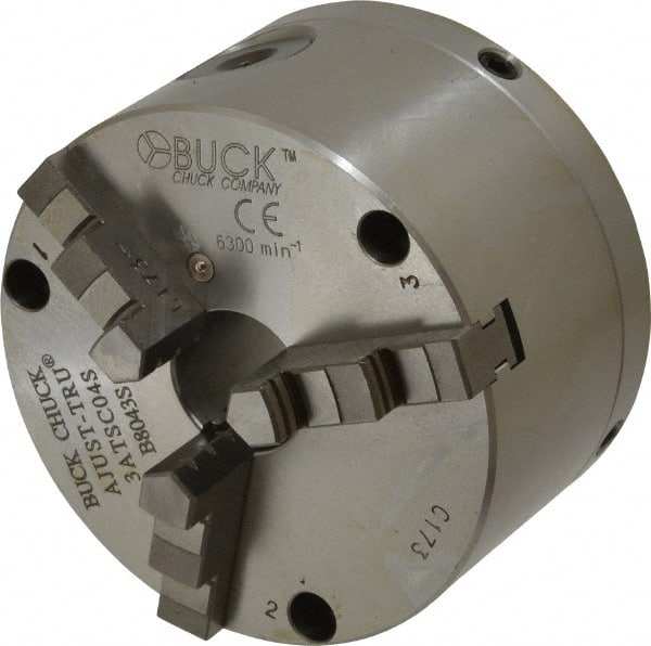 Buck Chuck Company - 3 Jaws, 4" Diam, Self Centering Manual Lathe Chuck - Front Mount, Adjustable, 6,300 Max RPM, 1.04" Through Hole Diam, Forged Steel - Exact Tooling