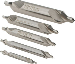 Magafor - 5 Piece, #1 to 5, 1/8 to 7/16" Body Diam, 3/64 to 3/16" Point Diam, Plain Edge, High Speed Steel Combo Drill & Countersink Set - 60° Incl Angle, 0.067 to 0.256" Point Length, 1/8 to 2-3/4" OAL, Double End, 115 Series Compatibility - Exact Tooling