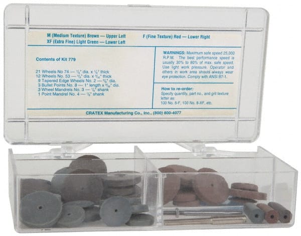 Cratex - 49 Piece Rubberized Small Wheel & Abrasive Point Set - Includes 4 Mandrels, 3 Points & 42 Wheels - Exact Tooling