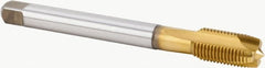 Kennametal - M10x1.25 Metric Fine, 3 Flute, TiN Finish, Powdered Metal Spiral Point Tap - Plug Chamfer, Right Hand Thread, 100mm OAL, 22mm Thread Length, 7mm Shank Diam, 6HX Class of Fit, Series T600 - Exact Tooling