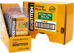 Stanley Bostitch - 23 Gauge 0.0281" Shank Diam 1-3/16" Long Pin Nails for Power Nailers - Steel, Bright Finish, Smooth Shank, Straight Stick Adhesive Collation, Round Head, Diamond Point - Exact Tooling