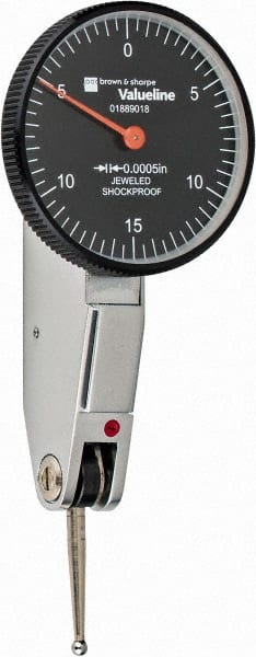 TESA Brown & Sharpe - 0.03 Inch Range, Horizontal Dial Test Indicator - 1.26 Inch Black Dial, 0-15-0 Dial Reading - Exact Tooling
