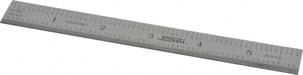 SPI - 6" Long, 1/100, 1/10" and 0.5, 1mm Graduation, Rigid Steel Rule - Decimal/Metric Graduation Style, 3/4" Wide, Silver, Satin Chrome Finish - Exact Tooling