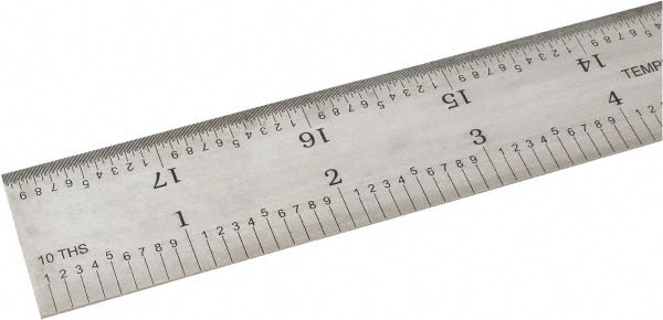 SPI - 18" Long, 1/100, 1/10" and 0.5, 1mm Graduation, Rigid Steel Rule - Decimal/Metric Graduation Style, 1-1/8" Wide, Silver, Satin Chrome Finish - Exact Tooling