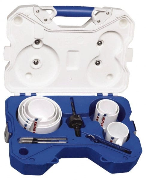 Lenox - 11 Piece, 2-1/8" to 4-5/8" Saw Diam, Hard Wood Hole Saw Kit - High Speed Steel, Toothed Edge, Includes 7 Hole Saws - Exact Tooling