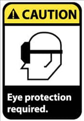 NMC - Accident Prevention Label, Header: CAUTION - Legend: Caution - Eye Protection Required, English, Black, Yellow & White, 5" Long x 3" High, Sign Muscle Finish - Exact Tooling