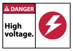 NMC - Accident Prevention Label, Header: DANGER - Legend: Danger - High Voltage, English, Red, Black & White, 5" Long x 3" High, Sign Muscle Finish - Exact Tooling