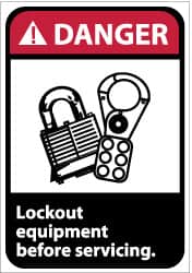 NMC - Accident Prevention Label, Header: DANGER - Legend: Danger - Lock Out Equipment Before Servicing, English, Red, Black & White, 5" Long x 3" High, Sign Muscle Finish - Exact Tooling