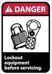 NMC - Accident Prevention Label, Header: DANGER - Legend: Danger - Lock Out Equipment Before Servicing, English, Red, Black & White, 5" Long x 3" High, Sign Muscle Finish - Exact Tooling