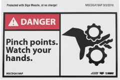 NMC - Accident Prevention Label, Header: DANGER - Legend: Danger - Pinch Points - Watch Your Hands, English, Red, Black & White, 5" Long x 3" High, Sign Muscle Finish - Exact Tooling