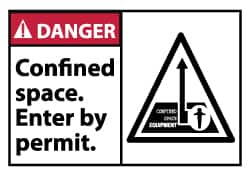 NMC - Accident Prevention Label, Header: DANGER - Legend: Danger - Confined Space - Enter by Permit, English, Red, Black & White, 5" Long x 3" High, Sign Muscle Finish - Exact Tooling