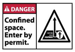 NMC - Accident Prevention Label, Header: DANGER - Legend: Danger - Confined Space - Enter by Permit, English, Red, Black & White, 5" Long x 3" High, Sign Muscle Finish - Exact Tooling