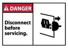 NMC - Accident Prevention Label, Header: DANGER - Legend: Danger - Disconnect Before Servicing, English, Red, Black & White, 5" Long x 3" High, Sign Muscle Finish - Exact Tooling