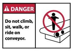 NMC - Accident Prevention Label, Header: DANGER - Legend: Danger - Do Not Climb Sit Walk or Ride on Conveyor, English, Red, Black & White, 5" Long x 3" High, Sign Muscle Finish - Exact Tooling