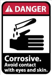 NMC - Accident Prevention Label, Header: DANGER - Legend: Danger - Corrosive - Avoid Contact with Eyes and Skin, English, Red, Black & White, 5" Long x 3" High, Sign Muscle Finish - Exact Tooling
