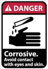 NMC - Accident Prevention Label, Header: DANGER - Legend: Danger - Corrosive - Avoid Contact with Eyes and Skin, English, Red, Black & White, 5" Long x 3" High, Sign Muscle Finish - Exact Tooling