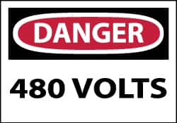 NMC - Accident Prevention Label, Header: DANGER - Legend: Danger - 480 Volts, English, Red, Black & White, 5" Long x 3" High, Sign Muscle Finish - Exact Tooling