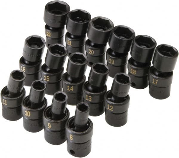 SK - 15 Piece 3/8" Drive Standard Impact Socket Set - 6 Points, 8 to 21mm, Metric Measurement Standard - Exact Tooling