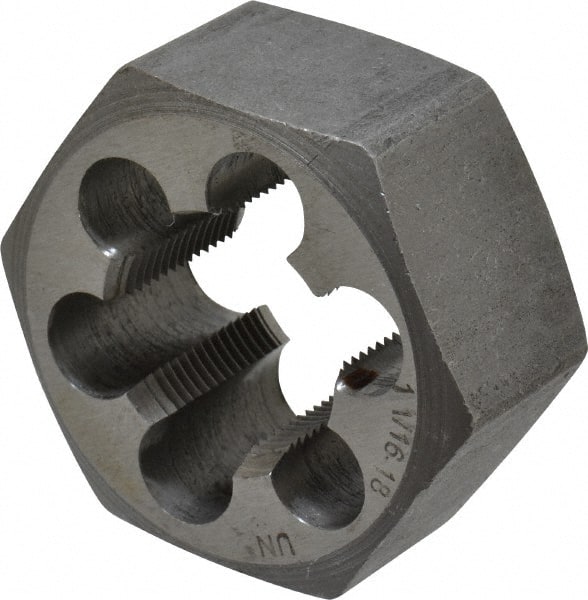 Interstate - 1-1/16 - 18 UNEF Thread, 2" Hex, Right Hand Thread, Hex Rethreading Die - Carbon Steel, 1" Thick - Exact Tooling