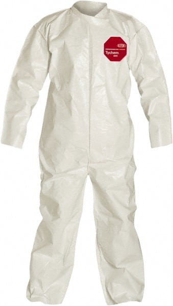 Dupont - Size L Saranex Chemical Resistant Coveralls - White, Zipper Closure, Open Cuffs, Open Ankles, Bound Seams - Exact Tooling