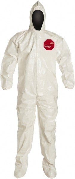 Dupont - Size XL Saranex Chemical Resistant Coveralls - White, Zipper Closure, Elastic Cuffs, Open Ankles, Bound Seams - Exact Tooling