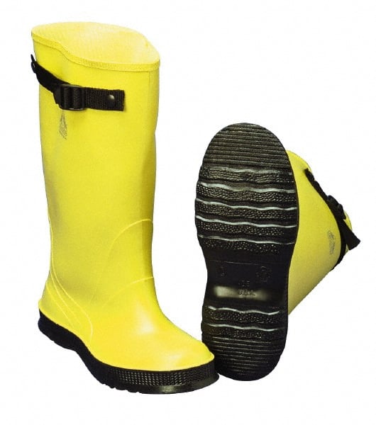 Dunlop Protective Footwear - Men's 7 (Women's 9) Rain & Cold Resistant Overboots - 17" High, Plain Toe, Self Cleaning & Cleated Sole, PVC Upper, Yellow, Adjustable Polyester Strap, Buckles & Snaps - Exact Tooling