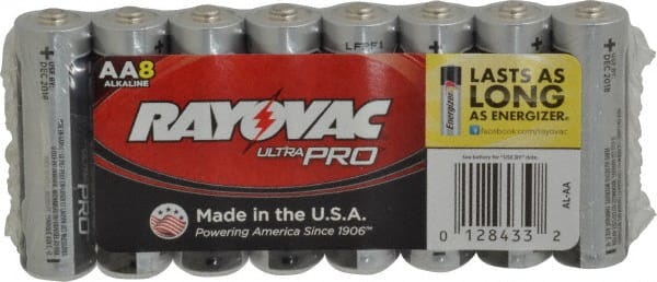 Rayovac - Size AA, Alkaline, 8 Pack, Standard Battery - 1.5 Volts, Button Tab Terminal - Exact Tooling