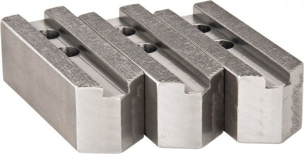 H & R Manufacturing - 1.5mm x 60° Serrated Attachment, Square Soft Lathe Chuck Jaw - 3 Jaws, Steel, 1" Btw Mount Hole Ctrs, 4-1/4" Long x 1-1/2" Wide x 1-1/2" High, 0.551" Groove, 12mm Fastener - Exact Tooling