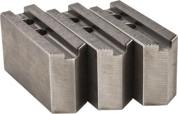H & R Manufacturing - 1.5mm x 60° Serrated Attachment, Square Soft Lathe Chuck Jaw - 3 Jaws, Steel, 1" Btw Mount Hole Ctrs, 4-1/4" Long x 1-1/2" Wide x 2-1/2" High, 0.551" Groove, 12mm Fastener - Exact Tooling